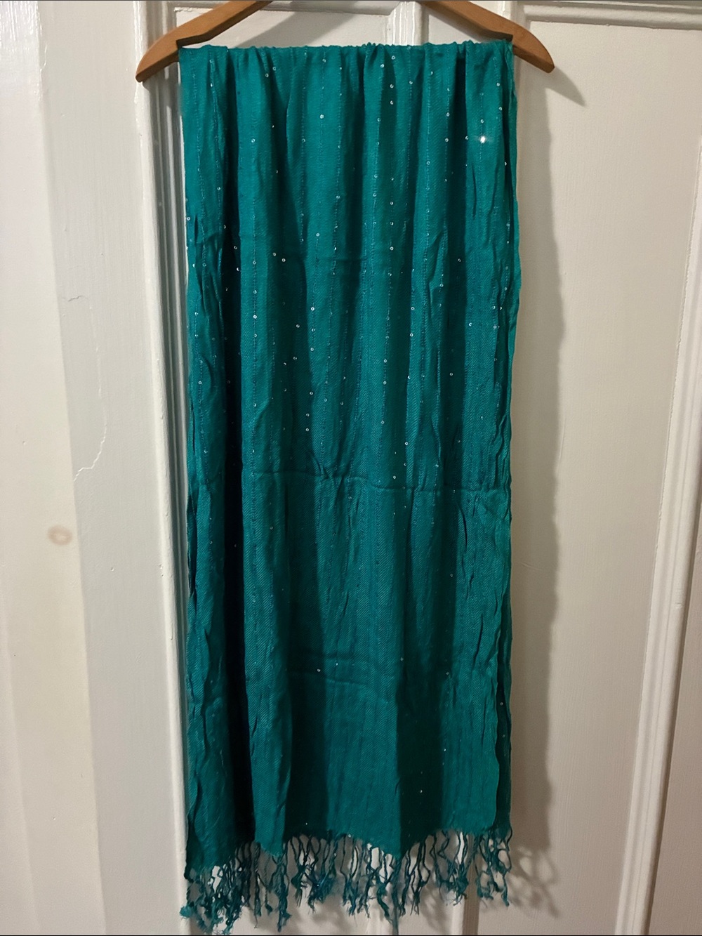 Green Headwrap Scarf Blue Thread Stripes Sequins Fringe